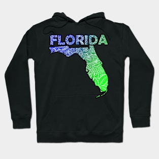 Colorful mandala art map of Florida with text in blue and green Hoodie